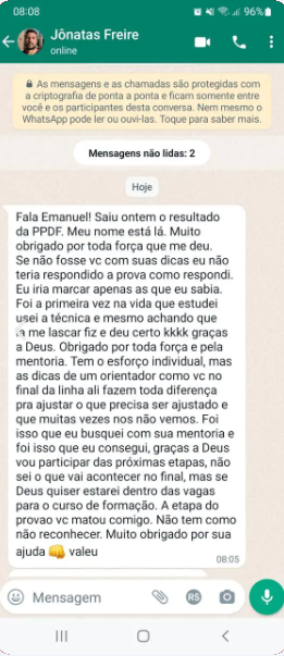 Depoimento de aluno sobre organização e evolução nos estudos