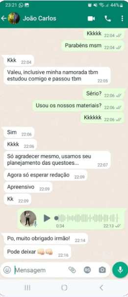 Depoimento de aluno sobre aprendizado e aprovação